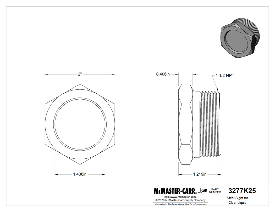Technical Drawing of Steel Sight for Clear Liquid, 1-1/2 NPT Male.
